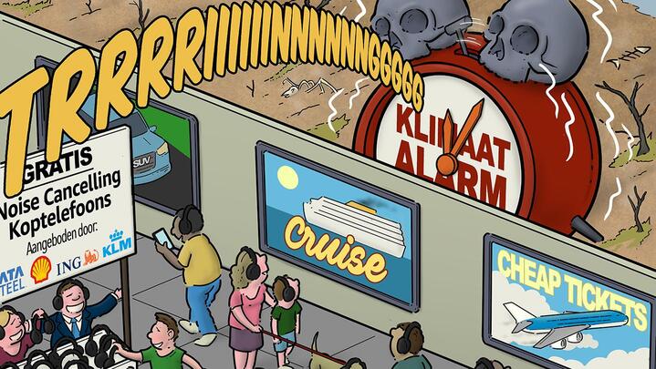 Fossiele bedrijven delen noise cancelling koptelefoons uit, zodat burgers die door fossiele reclames worden afgeleid de klimaatcrisis niet opmerken. Credits Cartoon: Tjeerd Royaards voor Trouw